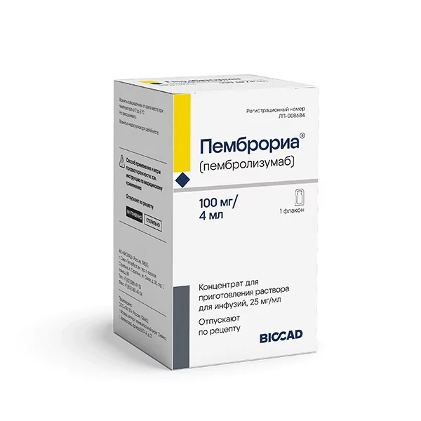 Пемброриа конц д/р-ра для инфузий 25мг/мл фл 4мл N1 (пембролизумаб)
